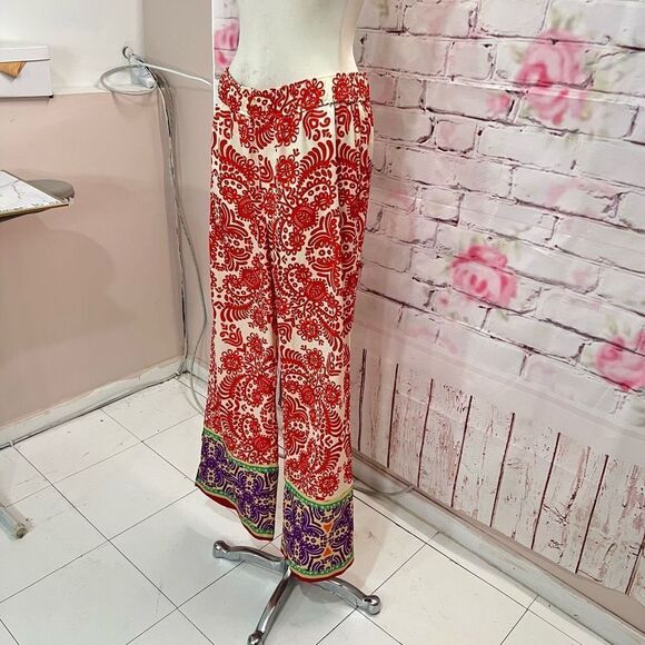 Zara red printed palazzo wide leg high waisted slip on pants size xl - Picture 6 of 13